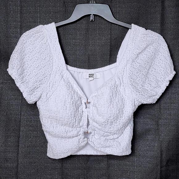 MADDEN NYC HARDWARE CUTOUT FLORAL LACE WHITE‎ CROPPED BLOUSE JUNIORS LARGE - Picture 1 of 9